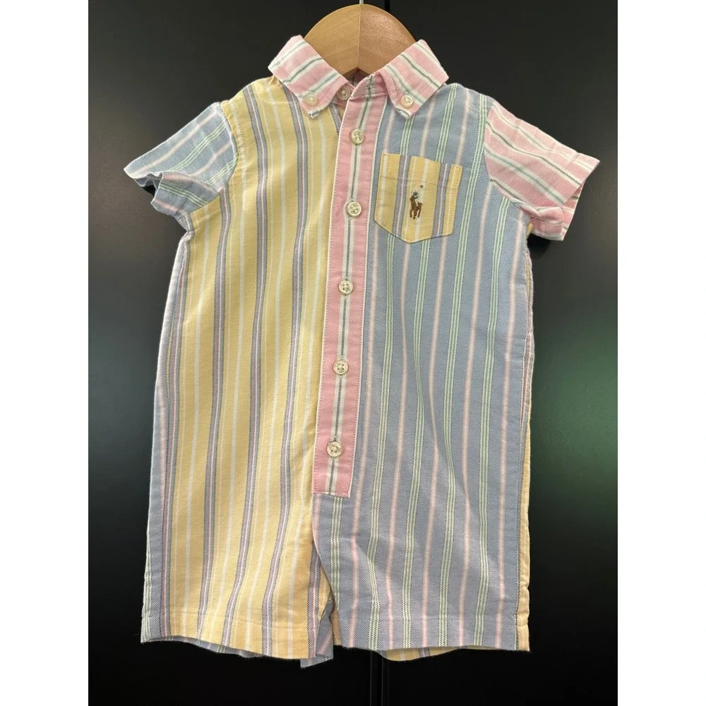 Ralph Lauren Baby Boy Pastel Stripe Oxford Romper Multi Color 3M
